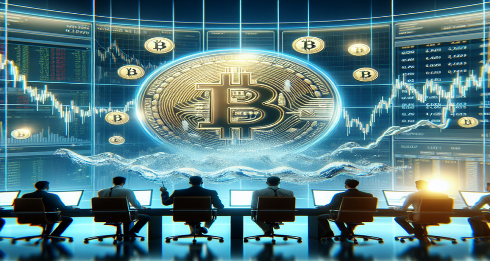 Bitcoin traders at a modern desk monitor charts with a Bitcoin symbol near $62,000, showing an upward trend, surrounded by water ripples.