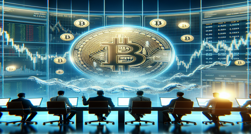 Bitcoin traders at a modern desk monitor charts with a Bitcoin symbol near $62,000, showing an upward trend, surrounded by water ripples.