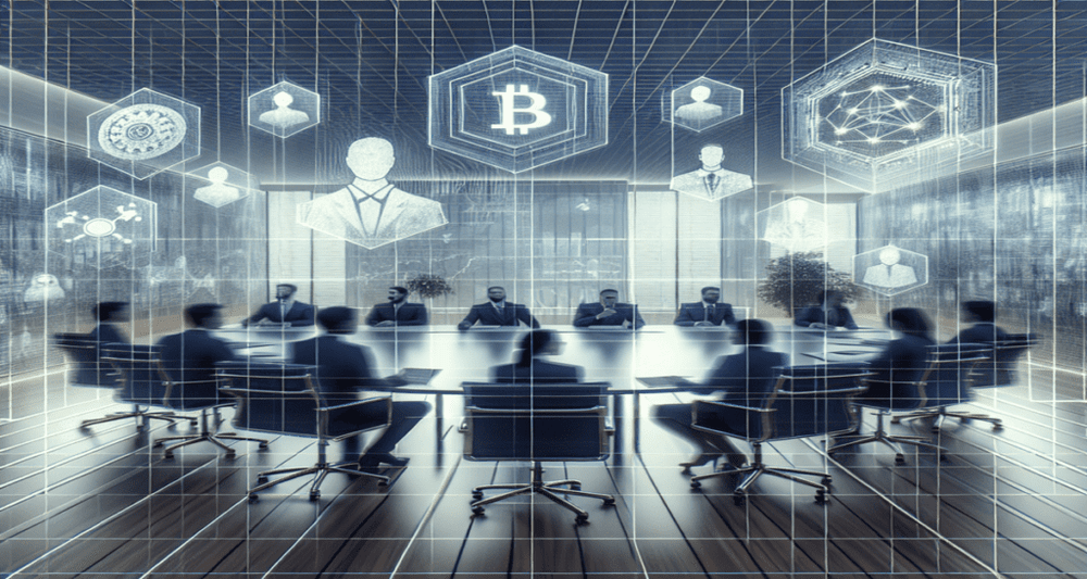 Modern office with a somber atmosphere, team fading out, digital financial graphs, blockchain icons, and a professional blue-gray palette.