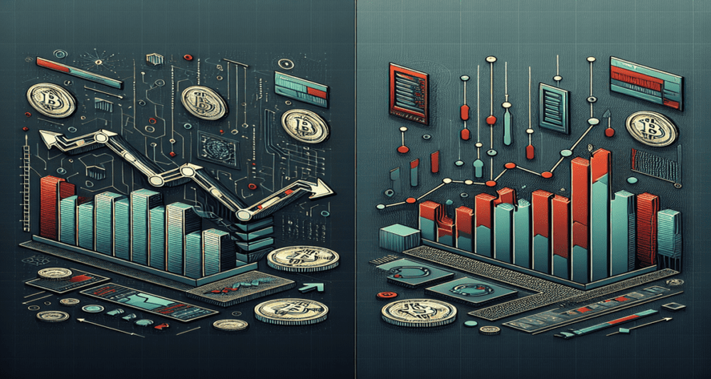Image shows the broader crypto market declining with red arrows and a red line graph on the left, while FET and AI tokens rise with green arrows and bar graphs on the right, featuring tech and AI elements.
