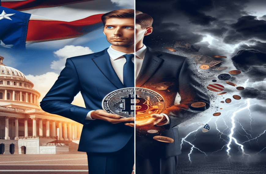 Split-screen image with Donald Trump holding a Bitcoin against a backdrop of the U.S. Capitol and American flag, contrasted by a stormy scene with a distressed Bitcoin symbol.