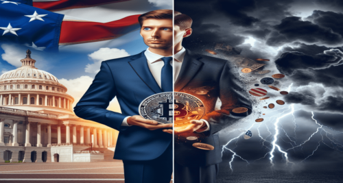 Split-screen image with Donald Trump holding a Bitcoin against a backdrop of the U.S. Capitol and American flag, contrasted by a stormy scene with a distressed Bitcoin symbol.