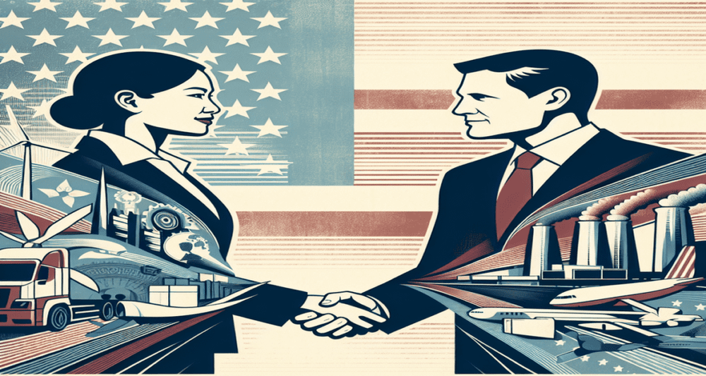 Kamala Harris and Donald Trump shake hands in a balanced setting with American industry and trade symbols, faint American flag motifs in the background.