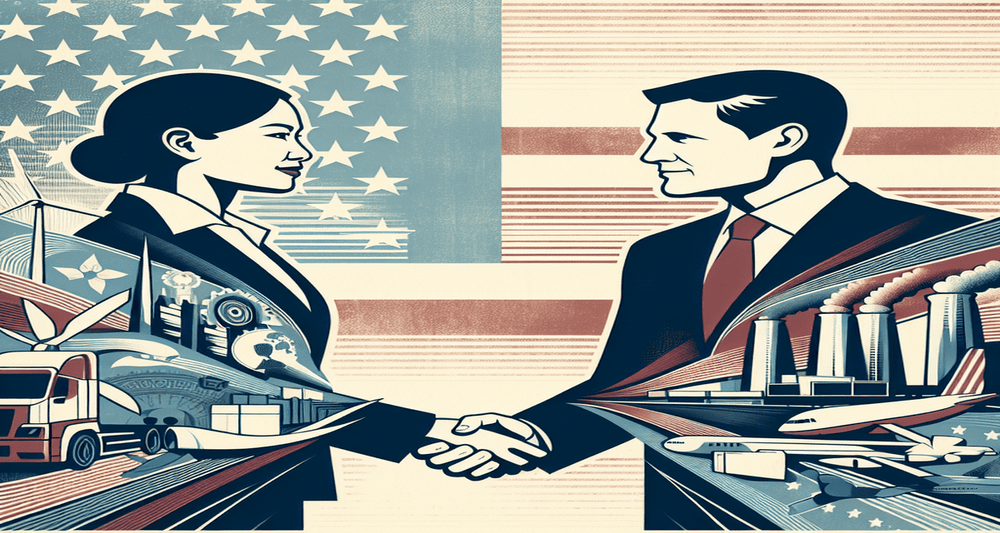 Kamala Harris and Donald Trump shake hands in a balanced setting with American industry and trade symbols, faint American flag motifs in the background.