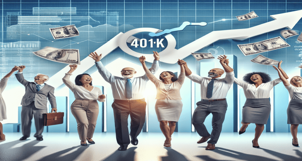 Diverse group celebrating financial success with upward-trending charts and a large dollar sign, representing 401(k) millionaires.