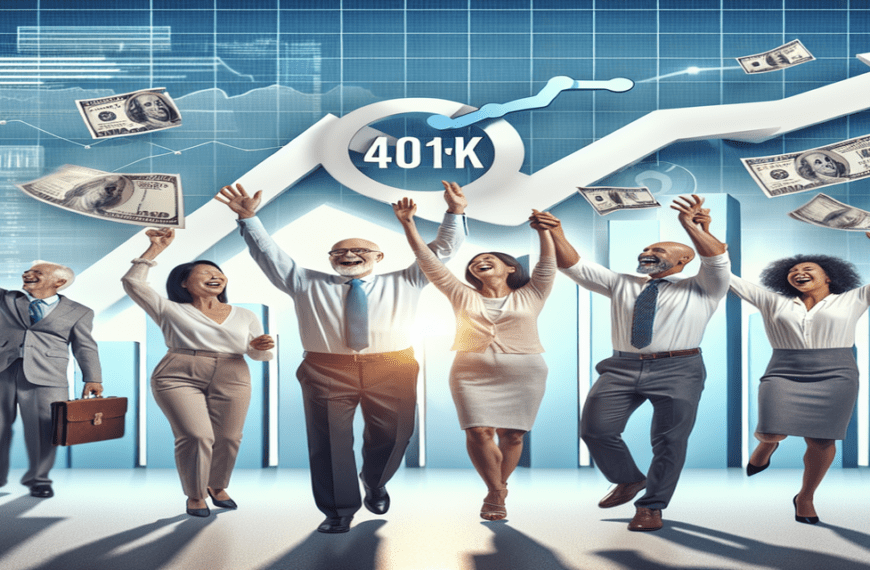 Diverse group celebrating financial success with upward-trending charts and a large dollar sign, representing 401(k) millionaires.
