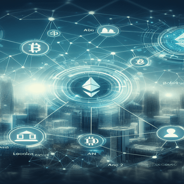 Futuristic financial scene showcasing Solana-based layer 2 funding completion, with Solana, Coinbase Ventures, and Celestia logos in a high-tech network.