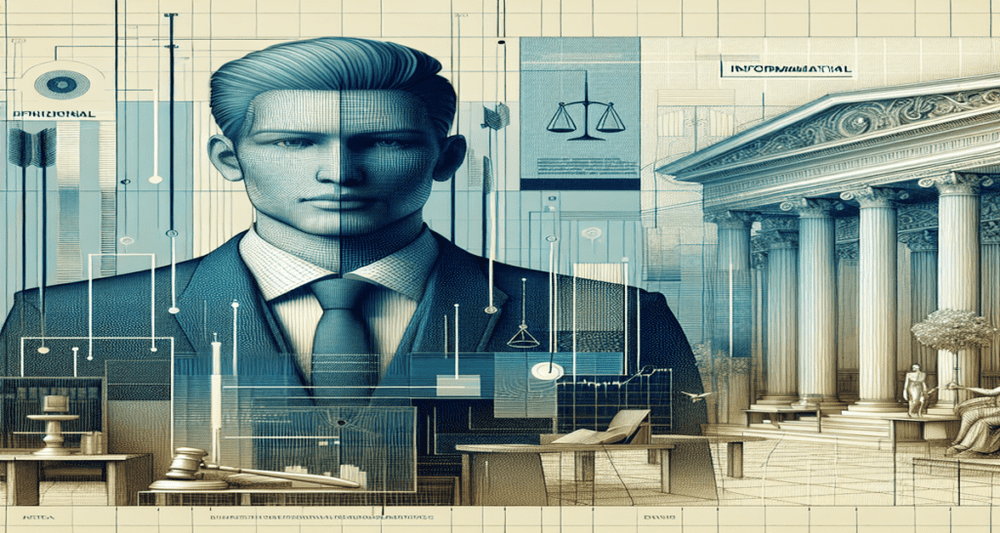 Pavel Durov stands before a French court with columns, a judge's gavel, and scales of justice; neutral tones with blue accents.
