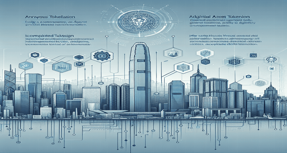 Futuristic financial cityscape of Hong Kong featuring blockchain, digital asset tokens, data networks, and HKMA emblematic designs in blue and silver.