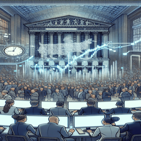 Wall Street traders eagerly view computer screens under bright lights, a prominent clock, and a subtle data stream connecting to the dimly lit public background.