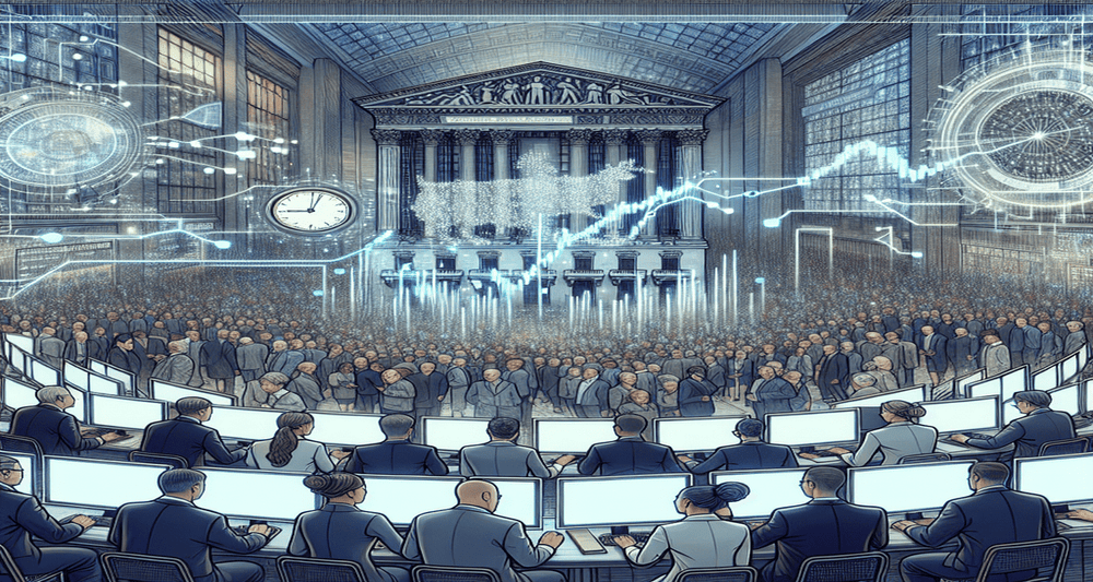 Wall Street traders eagerly view computer screens under bright lights, a prominent clock, and a subtle data stream connecting to the dimly lit public background.