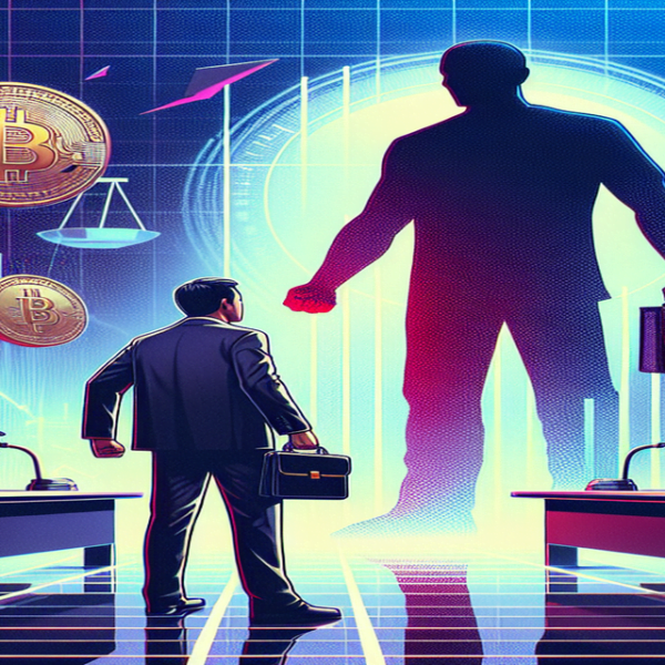 Devin Finzer stands confidently in a digital courtroom with NFTs floating around, facing a shadowy SEC figure, symbolizing regulatory tension.