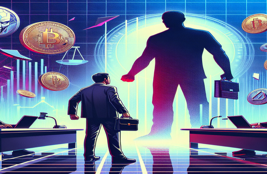 Devin Finzer stands confidently in a digital courtroom with NFTs floating around, facing a shadowy SEC figure, symbolizing regulatory tension.