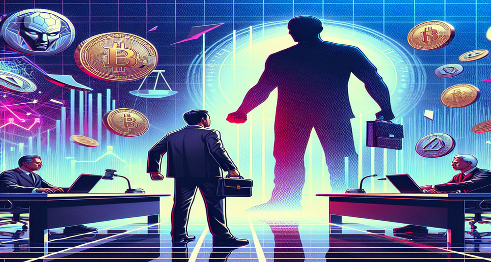 Devin Finzer stands confidently in a digital courtroom with NFTs floating around, facing a shadowy SEC figure, symbolizing regulatory tension.