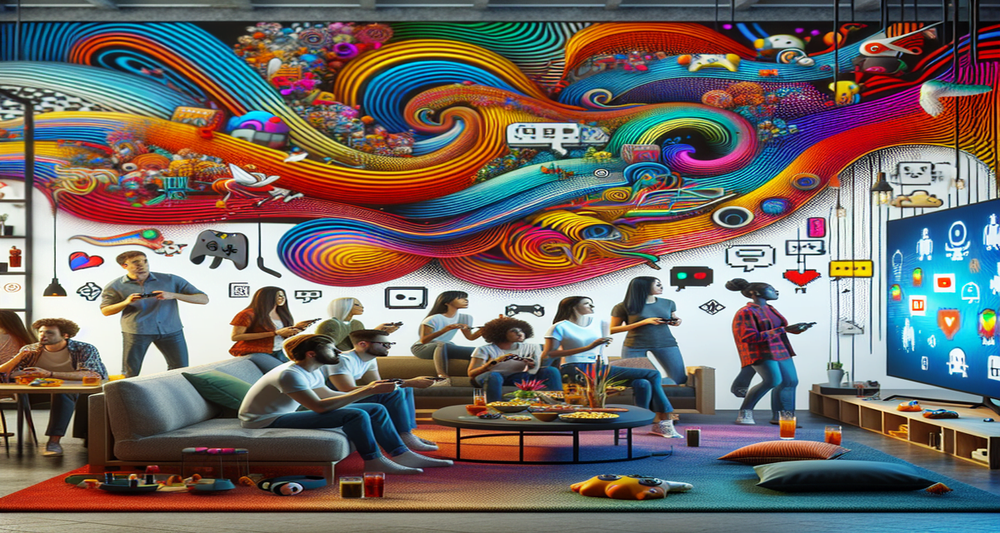 A diverse group of people in a modern living room enjoy a festive watch party with Nvidia graphics on a large screen, surrounded by gaming consoles, snacks, and smartphones displaying memes.