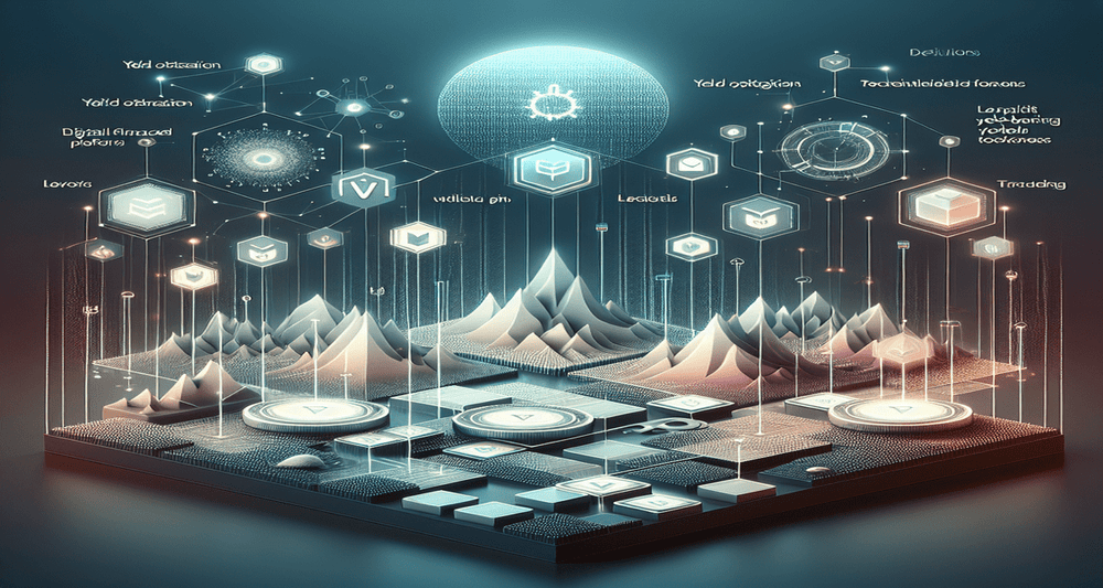 A futuristic digital landscape with diverse DeFi icons, yield optimization graphs, and symbolic Pendle illustrations in a sleek, minimalist design.