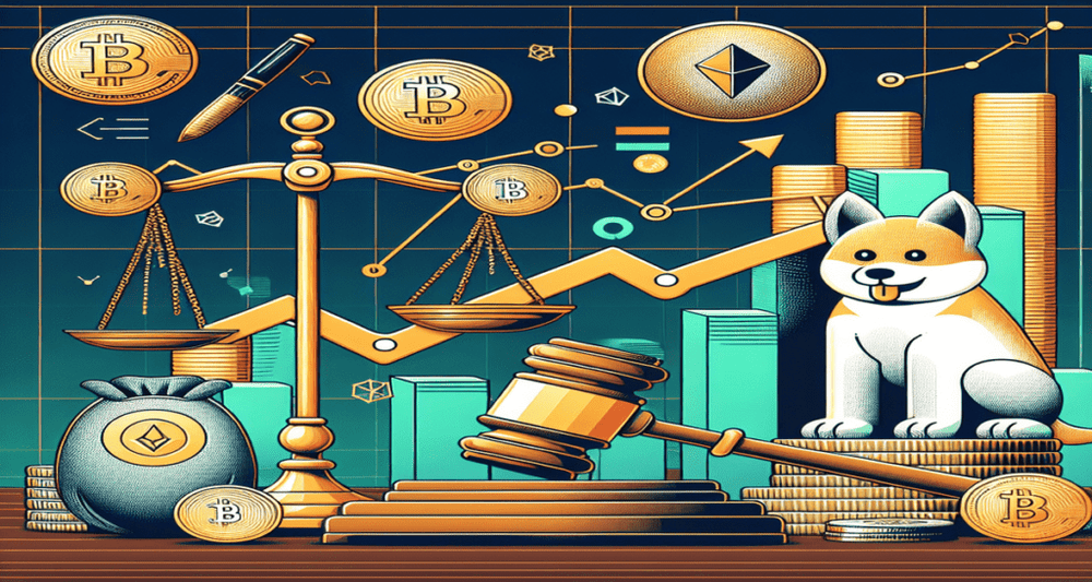 Digital illustration of PolitiFi tokens with political symbols outperforming traditional memecoins like Dogecoin, set against upward-trending graphs.