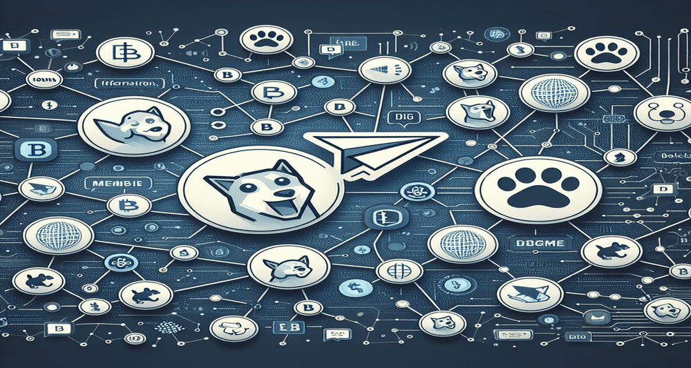 Interconnected blockchain network collapsing with nodes and connections, surrounded by playful DOGS meme coins, and a hidden Telegram paper plane logo.