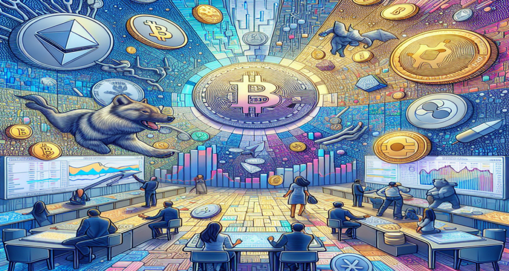 Futuristic illustration of cryptocurrency market analysis featuring Bitcoin, Ethereum, and others, showing Bitcoin's dip below $60,000 with bullish cues.