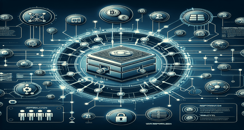 Futuristic blockchain interface with nodes, permissionless market listings, central vault with USDC, enhanced security icons, and interconnected users.
