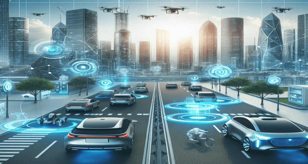 Futuristic cityscape with autonomous SoftBank and Toyota cars, smart traffic lights, advanced crosswalks, and drones in a sleek, modern setting.