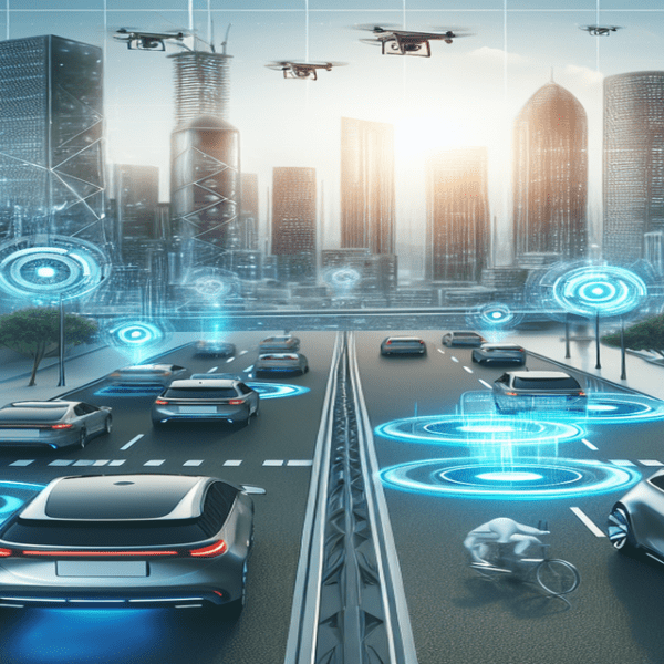 Futuristic cityscape with autonomous SoftBank and Toyota cars, smart traffic lights, advanced crosswalks, and drones in a sleek, modern setting.