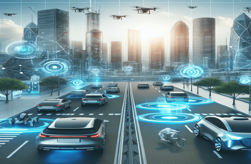Futuristic cityscape with autonomous SoftBank and Toyota cars, smart traffic lights, advanced crosswalks, and drones in a sleek, modern setting.