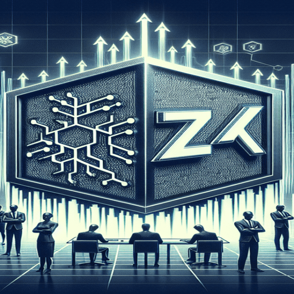 Shattered ZKX logo and scattered tokens in a high-tech financial setting, surrounded by frustrated investor avatars and declining financial charts.