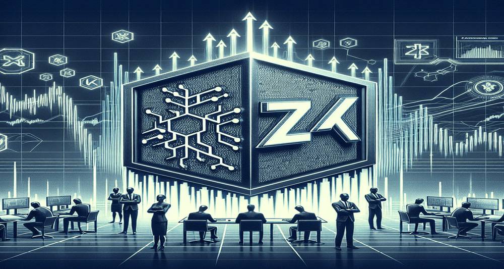 Shattered ZKX logo and scattered tokens in a high-tech financial setting, surrounded by frustrated investor avatars and declining financial charts.