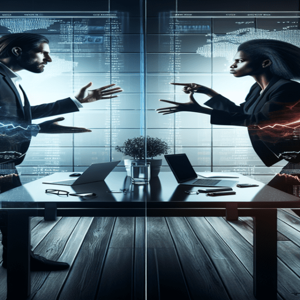 Two business professionals in a tense standoff, set against a sleek stock market backdrop with digital ticker displays and financial graphs.