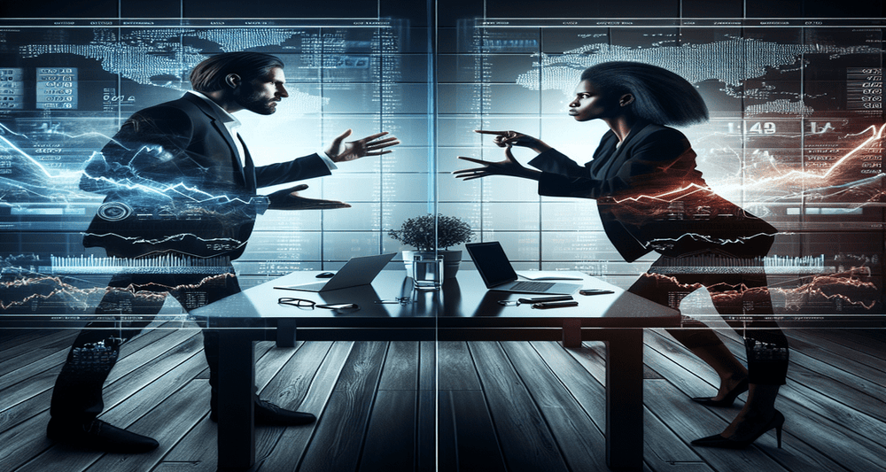 Two business professionals in a tense standoff, set against a sleek stock market backdrop with digital ticker displays and financial graphs.