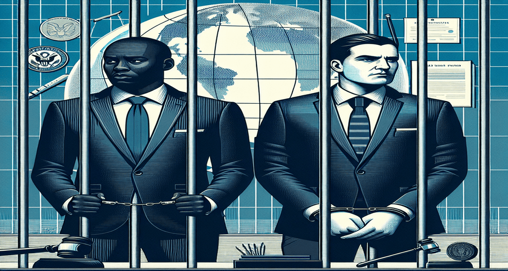 Two remorseful businessmen in suits behind bars with a backdrop of financial documents, a globe, and a courtroom, in professional blue and gray tones.