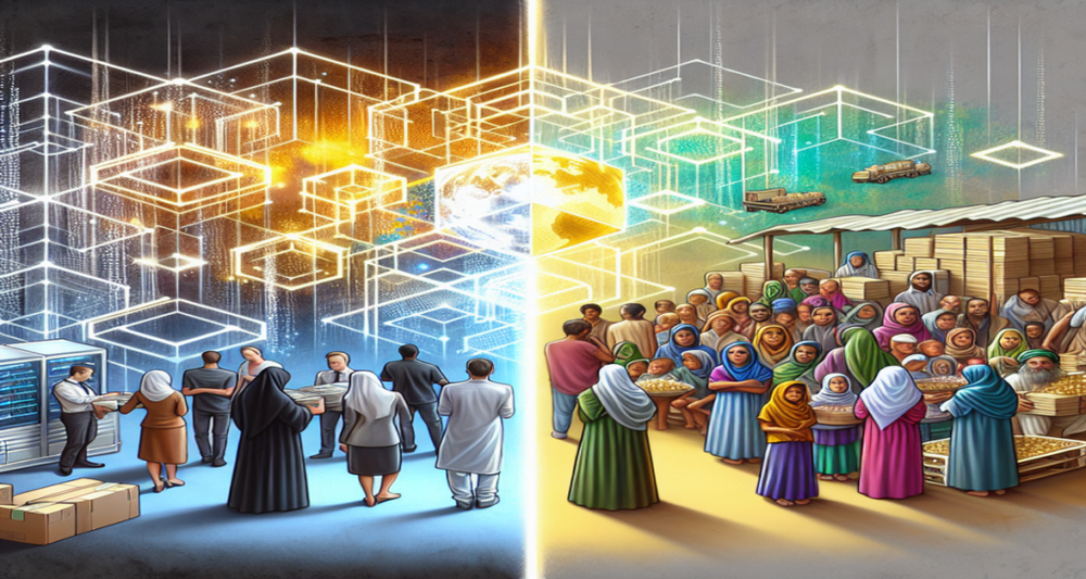 A split image showing a high-tech blockchain network with glowing lines on one side and a chaotic humanitarian aid scene with frustrated individuals on the other.
