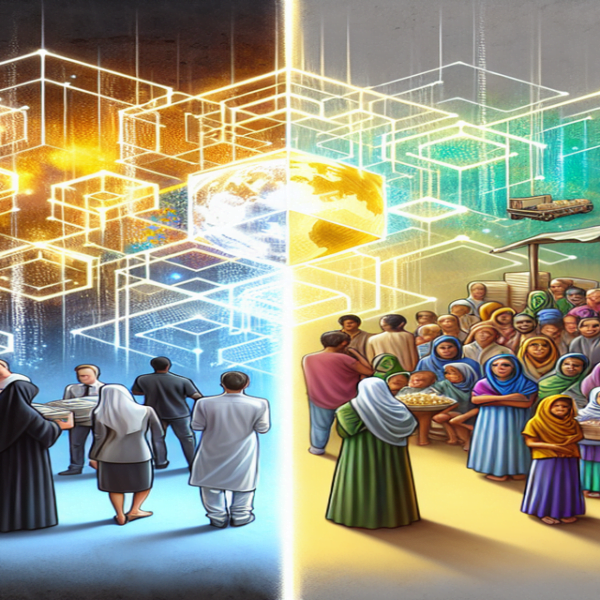 A split image showing a high-tech blockchain network with glowing lines on one side and a chaotic humanitarian aid scene with frustrated individuals on the other.