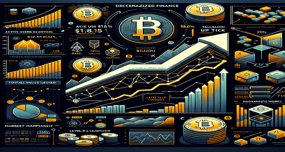 Modern digital illustration of DeFi with Aave's logo, showing $11.85B TVL, 70% growth charts, Layer-2 blockchains, and market fluctuations.