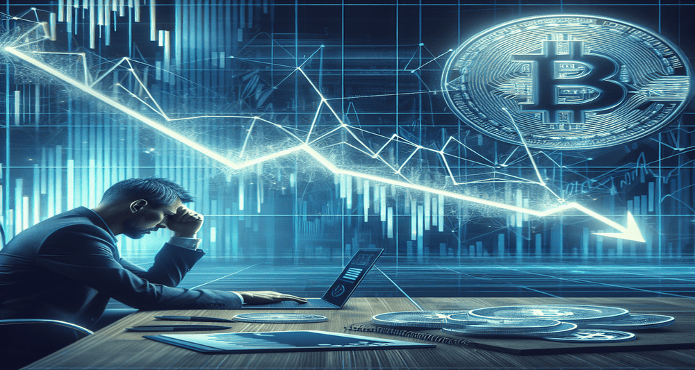 A graph with a descending trend line shows Solana price decline, while a disappointed trader in cool tones observes the drop.