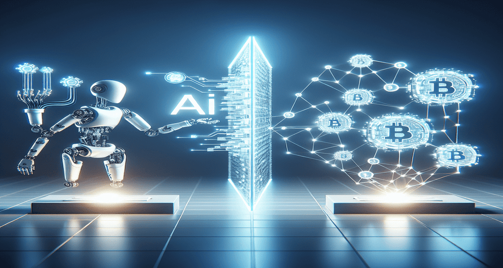 A futuristic digital landscape showcasing an AI system with robotic arms holding data streams, merging seamlessly with a glowing blockchain network.