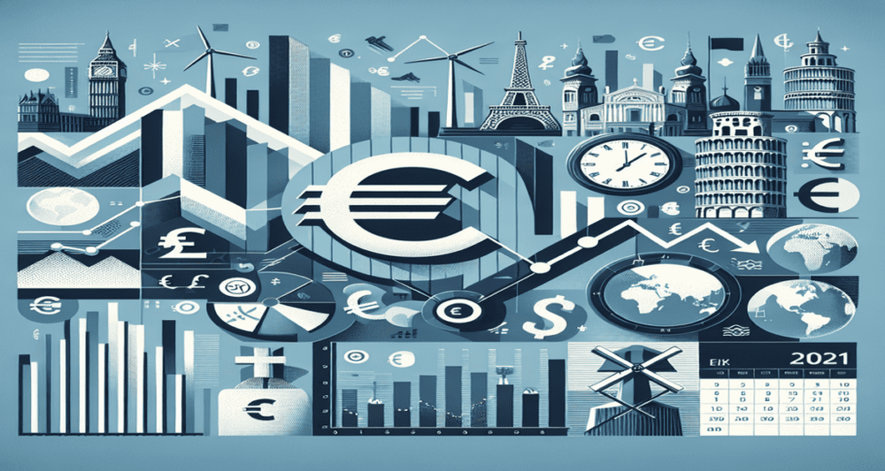 Graph showing a downward trend in Eurozone inflation with the Euro symbol, European landmarks, and a mid-2021 calendar, in blue, gray, and white.