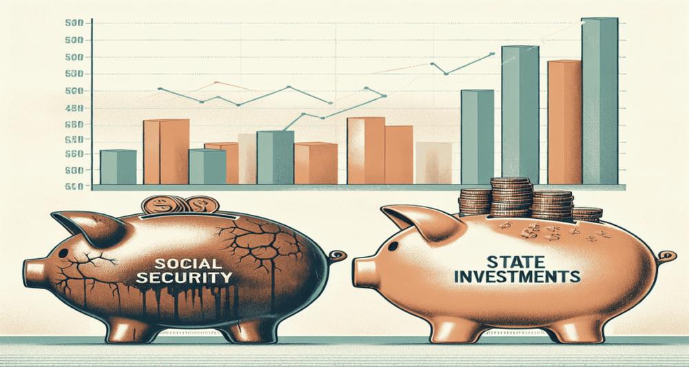 Two piggy banks: one labeled "Social Security," old and nearly empty, and another labeled "State Investments," modern and overflowing with coins, against a light background with subtle growth charts.