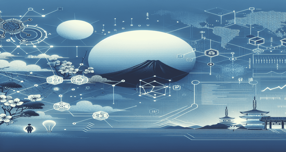 A digital landscape with interconnected nodes and blockchain motifs, a highlighted Japan on a globe, and a businessperson in a futuristic setting.