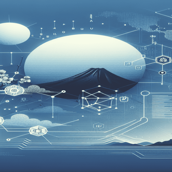 A digital landscape with interconnected nodes and blockchain motifs, a highlighted Japan on a globe, and a businessperson in a futuristic setting.