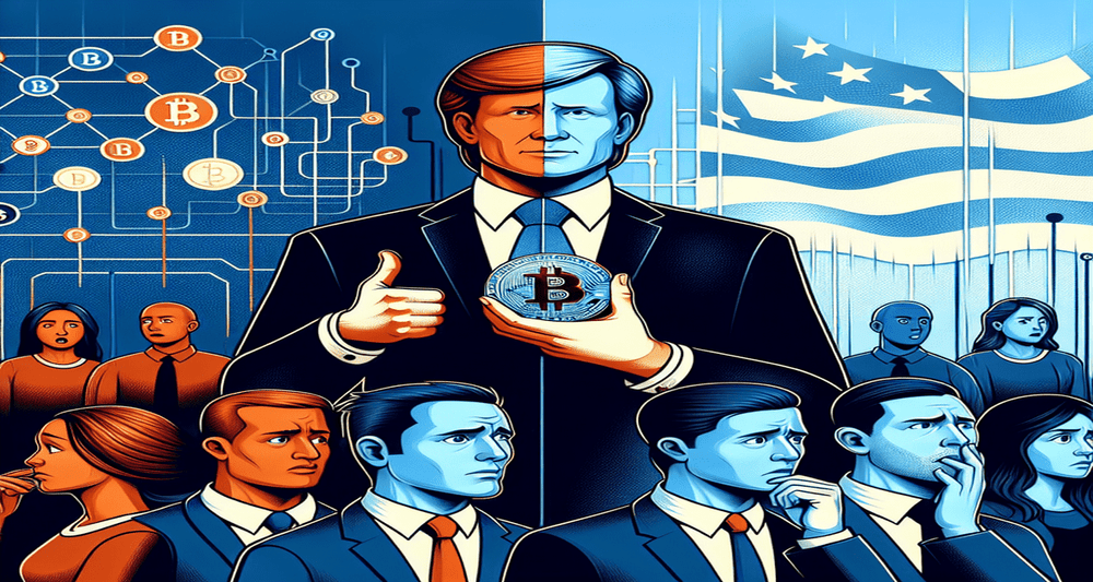 Modern illustration of Donald Trump holding a Bitcoin symbol approvingly, facing concerned people with a Democrat Blue backdrop and blockchain graphics.
