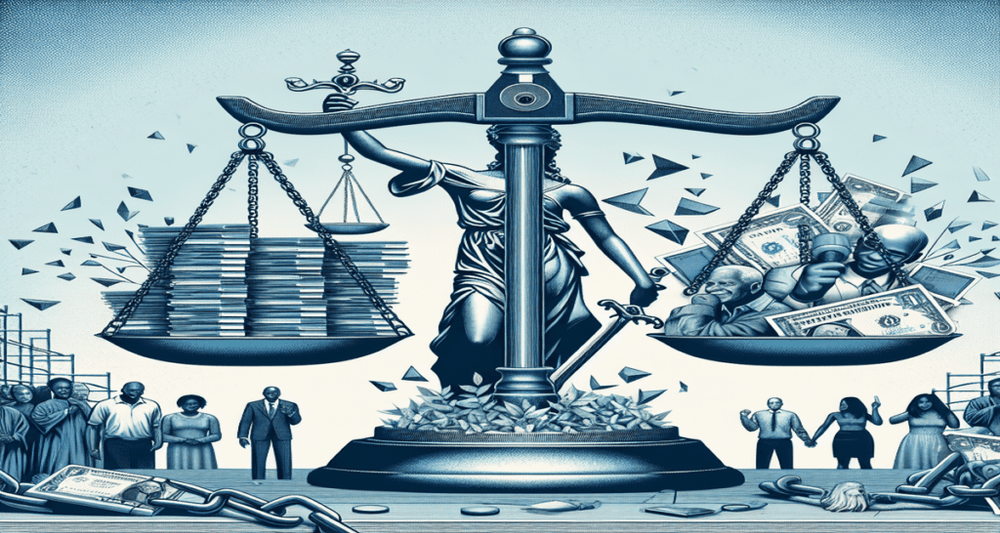 Balanced scale of justice with student loan documents on one side and a Supreme Court figure on the other, surrounded by hopeful people and broken chains.