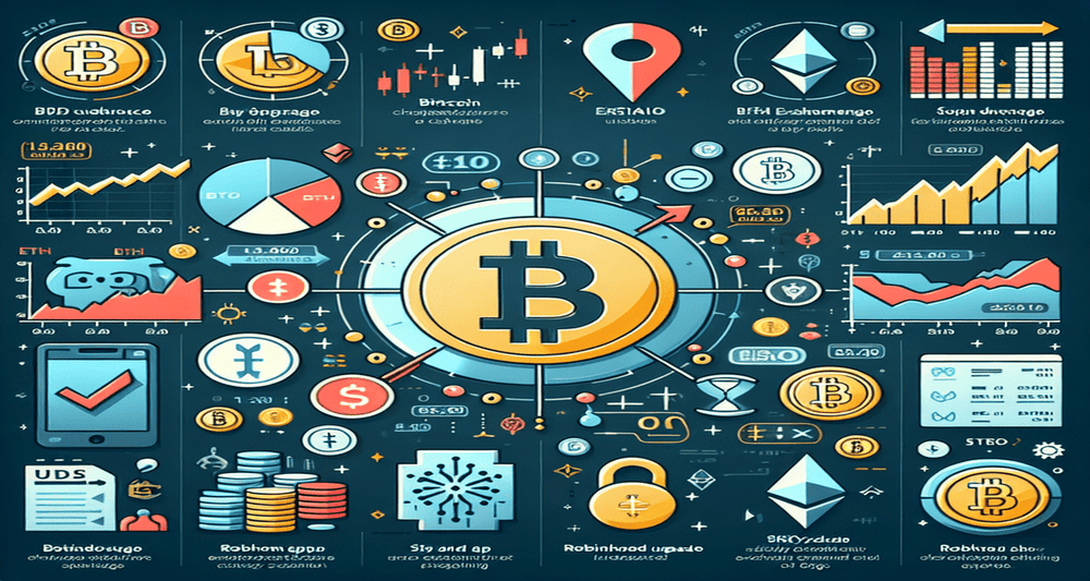 Modern infographic depicting Bitcoin's dip and bounce, Ethereum outflow, Bitcoin exchange outflow, divergent BTC and stock graphs, and various crypto events.