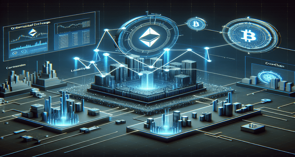 A sleek, futuristic trading interface with an orderbook, liquidity layers, blockchain nodes, connecting lines, and trading charts, highlighting cross-chain trading.