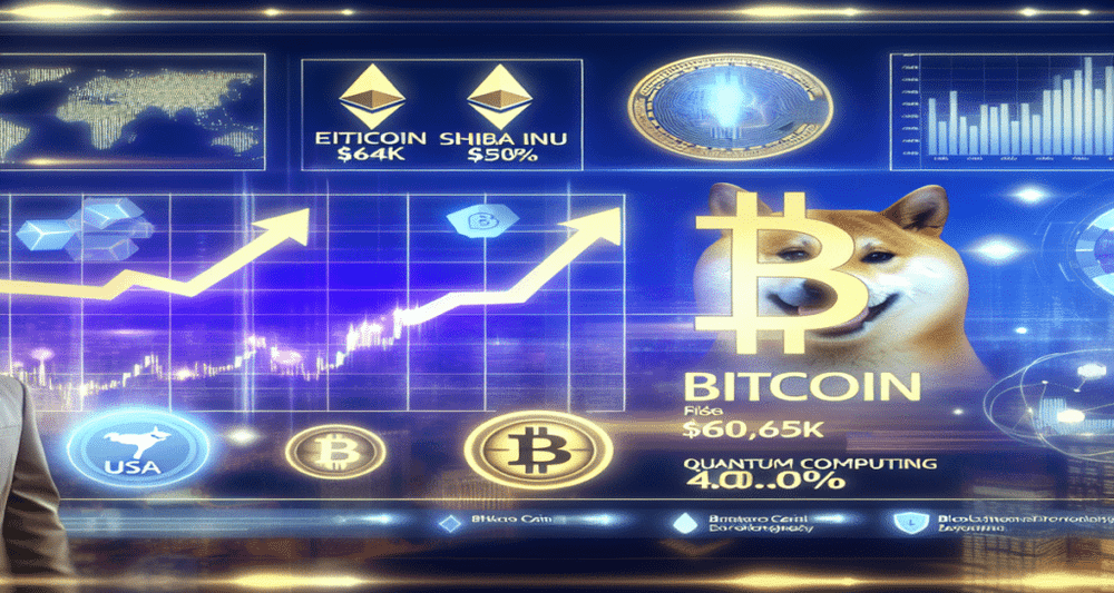 Graphical representation of Bitcoin price nearing $66K, Shiba Inu coin rising 40%, bustling crypto market with bullish trends, and subtle AI, blockchain, and US election visuals.
