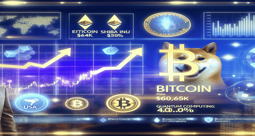 Graphical representation of Bitcoin price nearing $66K, Shiba Inu coin rising 40%, bustling crypto market with bullish trends, and subtle AI, blockchain, and US election visuals.