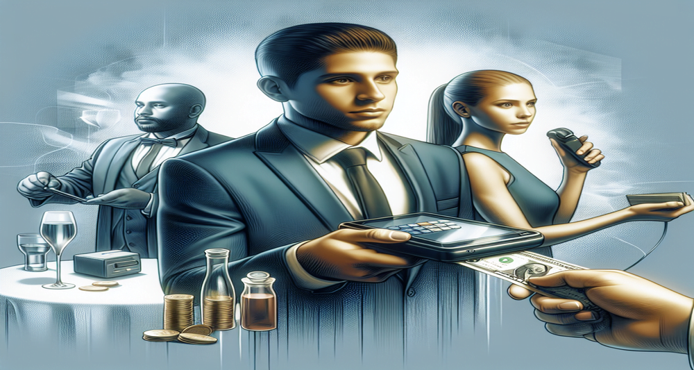 Waiter holding a tablet payment device, customer handing cash for tip, subtle political symbols, coins, and calculator in a modern restaurant.