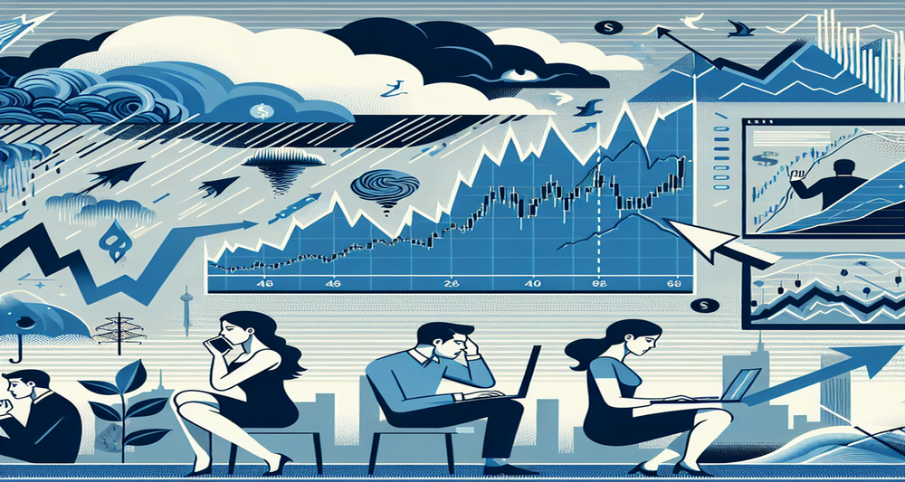 Modern design depicting market volatility with fluctuating stock charts, stressed investors, and abstract storm clouds symbolizing economic uncertainty.