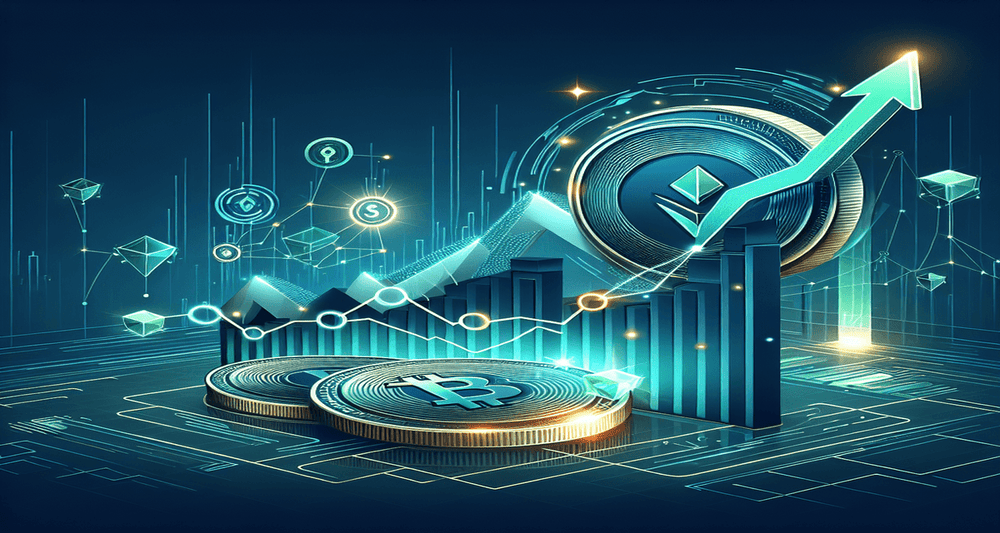 A sleek digital illustration of a rising line graph with glowing spikes, FTX logo, and coin shapes, set against a high-tech, futuristic background.
